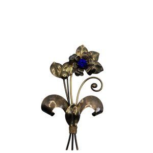 Harry Iskin 1/20 10 K Flower Elegant Brooch Pin  with Blue Stone